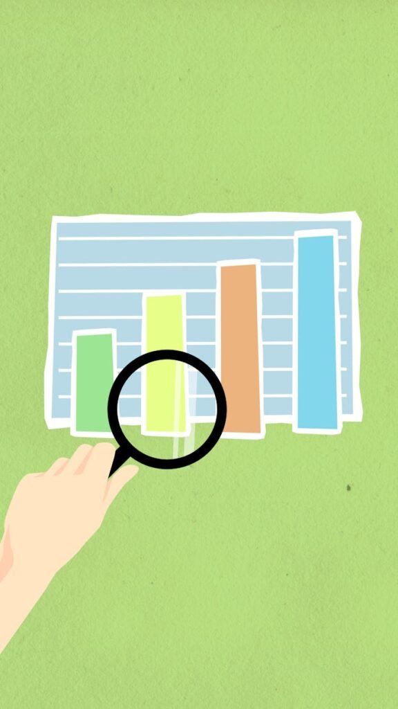 Colorful bar chart illustration with hand and magnifying glass on green background.